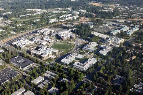 Microsoft's west campus in Redmond, Washington, seen from about 1,500 feet, looking southeast.