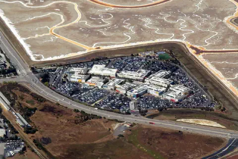 An aerial view of the Facebook campus in Menlo Park, September 2019.