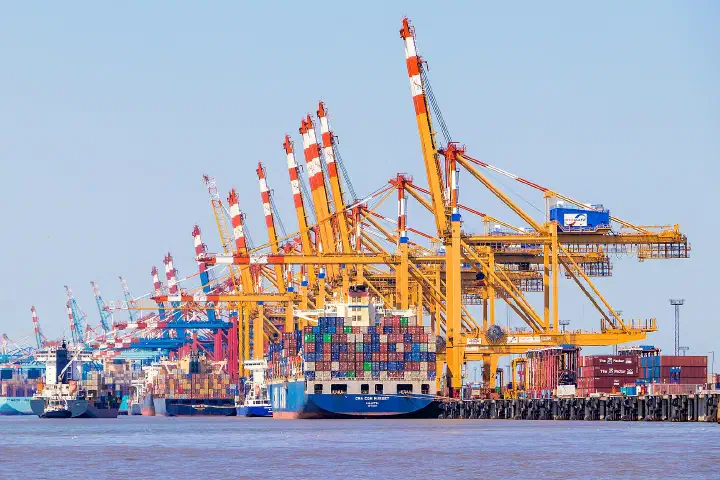 Container cranes at the port of Bremerhaven, Germany.