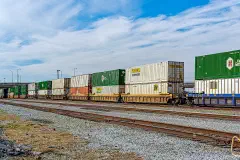 Intermodal freight containers on rail cars in Knoxville, Tennessee