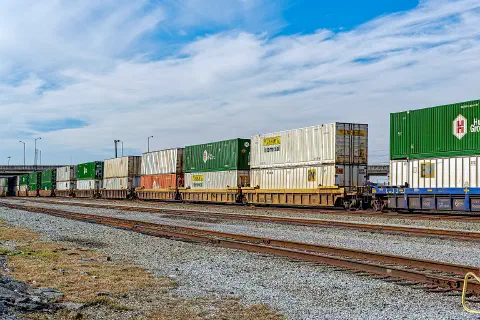 Intermodal freight containers on rail cars in Knoxville, Tennessee