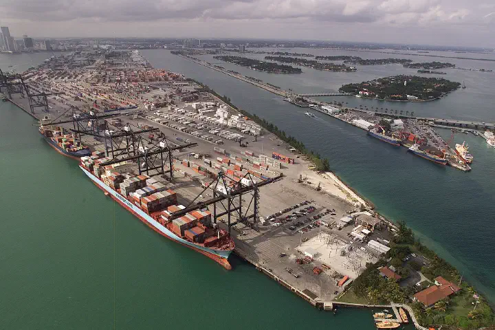 The container port at the Port of Miami, from the air.