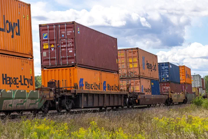 A freight train carrying intermodal containers in Ontario