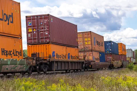 A freight train carrying intermodal containers in Ontario