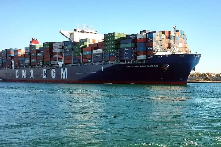 The container ship CMA CGM Arkansas in the Suez Canal, Egypt.