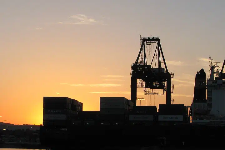 A container ship unloads at the Port of Los Angeles.