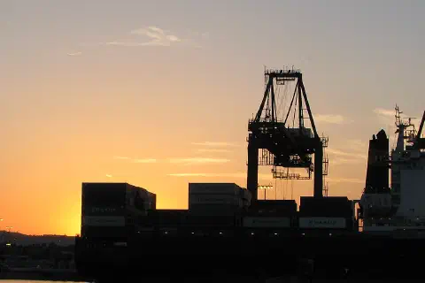 A container ship unloads at the Port of Los Angeles.