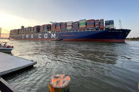 The CMA CGM Marco Polo in the Port of Savannah, Georgia, with the Talmadge Memorial Bridge in the background.
