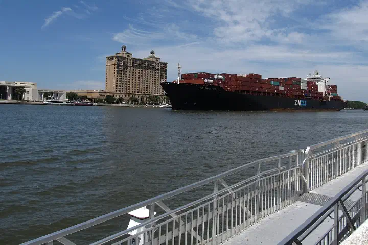 A freighter approaching the Port of Savannah, Georgia, on the Savannah River.