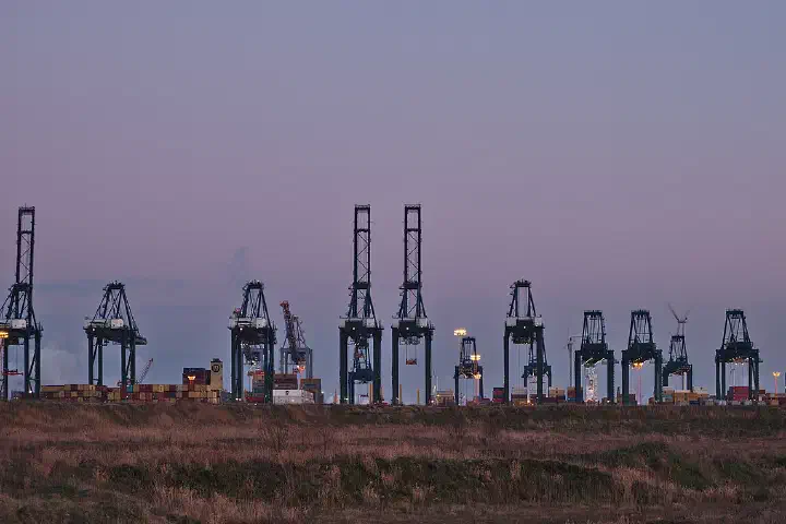 Container cranes at the MSC PSA European Terminal in the Port of Antwerp at dusk.