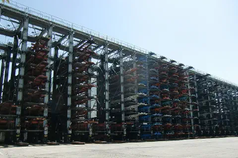 A stacking tower for container chassis.