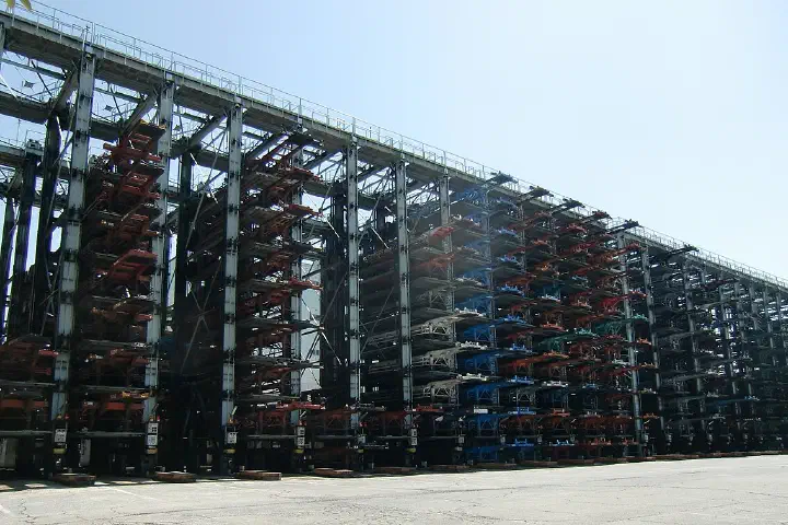 A stacking tower for container chassis.