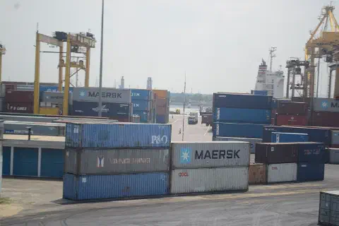 Stacking intermodal containers at the Port of Chittagong.