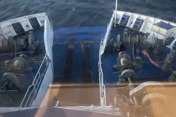 Looking toward the bow from the seating area aboard the Finbo Cargo.