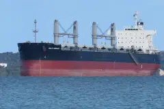 The bulk carrier Bulk Monaco in Cockburn Sound, Western Australia, seen from near the CGH Grain Jetty, with Garden Island in the background