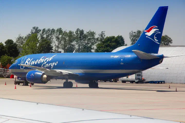 A Bluebird Cargo Boeing 737-300SF converted freighter at Katowice Airport, Poland.