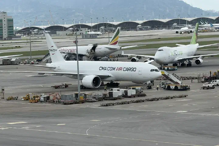 A CMA CGM Air Cargo Boeing 777F at Hong Kong airport.