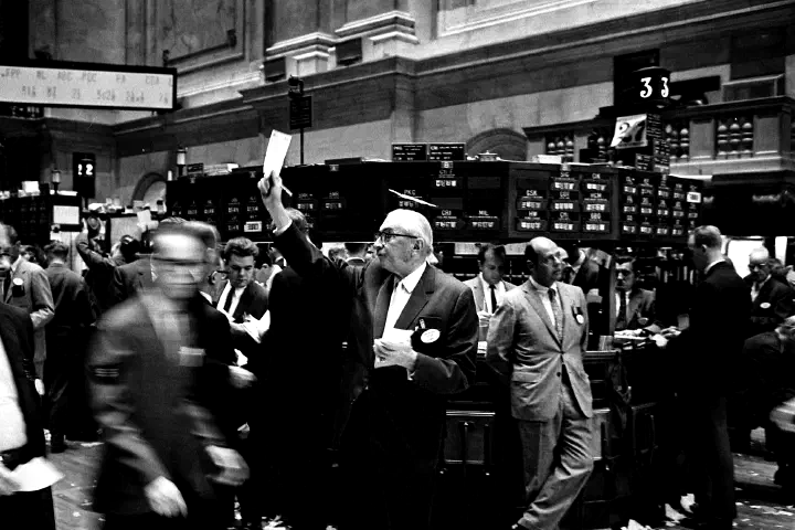 Brokers on the floor of the New York Stock Exchange.