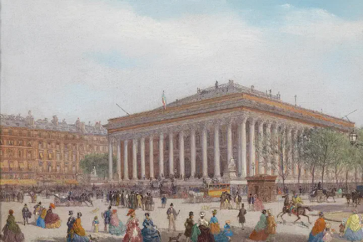 A view of the Place de la Bourse, Paris, oil on metal.