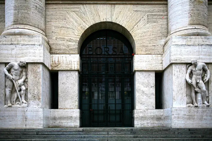 The entrance to Palazzo Mezzanotte, the Milan stock exchange.
