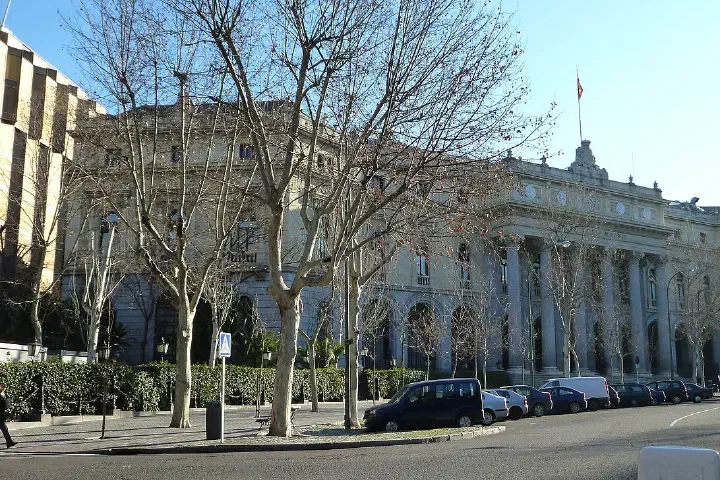 The façade of the Stock Exchange building in Madrid.