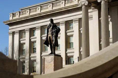 The statue of Alexander Hamilton outside the U.S. Treasury Building.