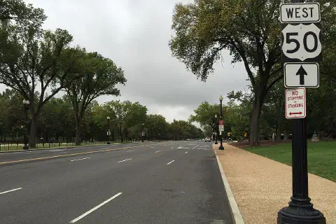 View west along U.S. Route 50 (Constitution Avenue NW) at 17th Street NW in Washington, D.C