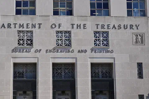 The sign above the entrance to the Bureau of Engraving and Printing annex, Washington.