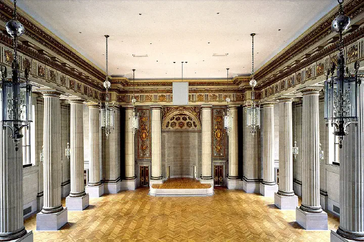 The Andrew W. Mellon Auditorium, looking at the stage from the rear balcony.