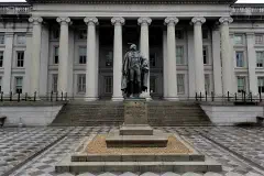 A view of the North entrance of the U.S. Treasury Building in Washington D.C
