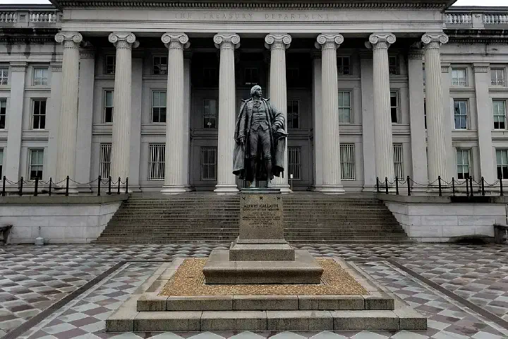 The north entrance of the U.S. Treasury Building in Washington, D.C.