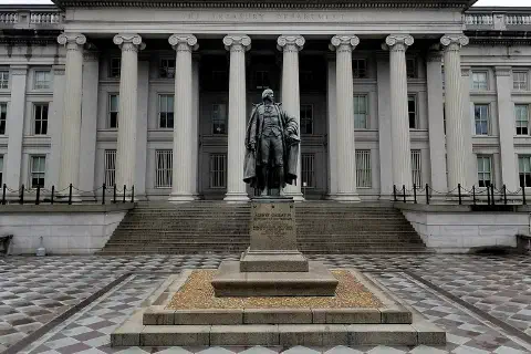 A view of the North entrance of the U.S. Treasury Building in Washington D.C