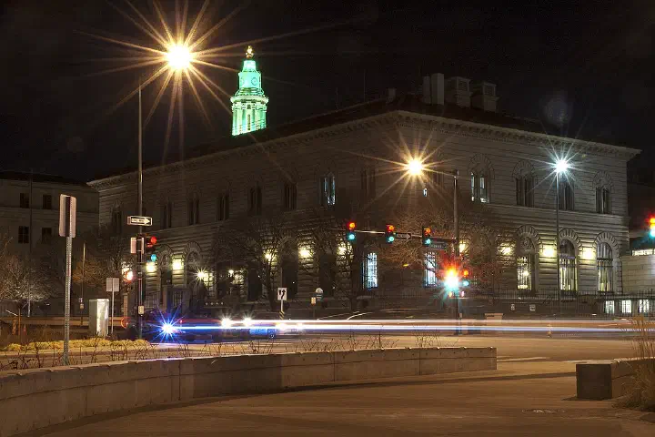 The Denver Mint at night.