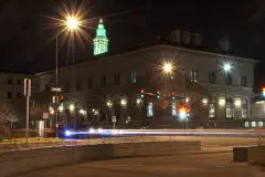 The Denver Mint at night.