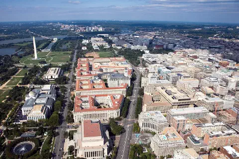 An aerial view of Pennsylvania Avenue and the Federal Triangle in Washington, facing west toward Arlington County, Virginia.
