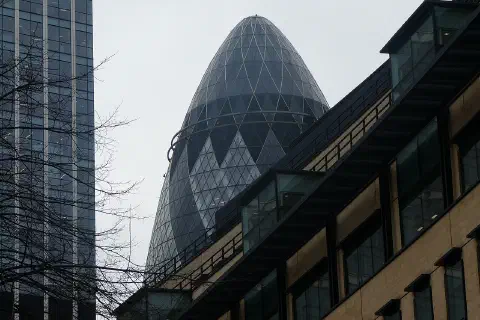 The top of 30 St Mary Axe, also known as the Gherkin.
