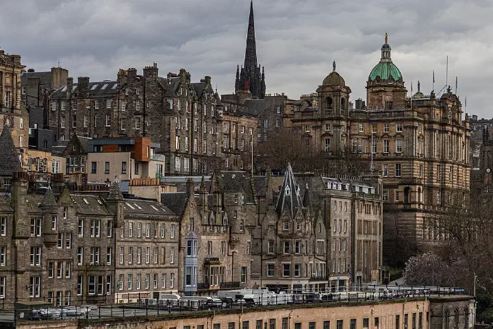 The Edinburgh Old Town skyline with the Bank of Scotland building and the Hub.