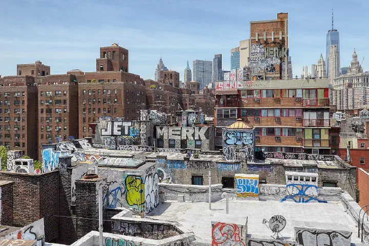 Rooftop graffiti around 47 Monroe Street.