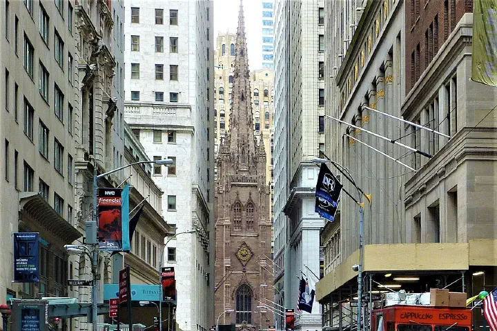 Trinity Church on Wall Street, with the Trinity Court Building behind it.