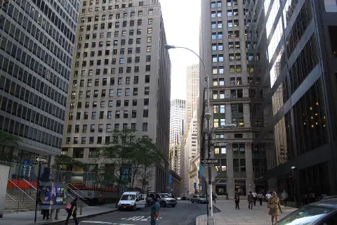 Nassau Street between the Marine Midland Building and One Chase Manhattan Plaza, New York City.