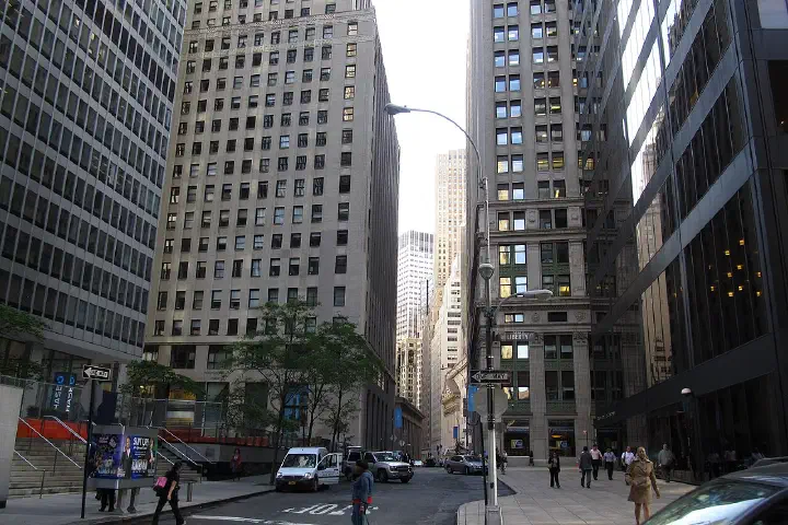 Nassau Street between the Marine Midland Building and One Chase Manhattan Plaza, New York City.