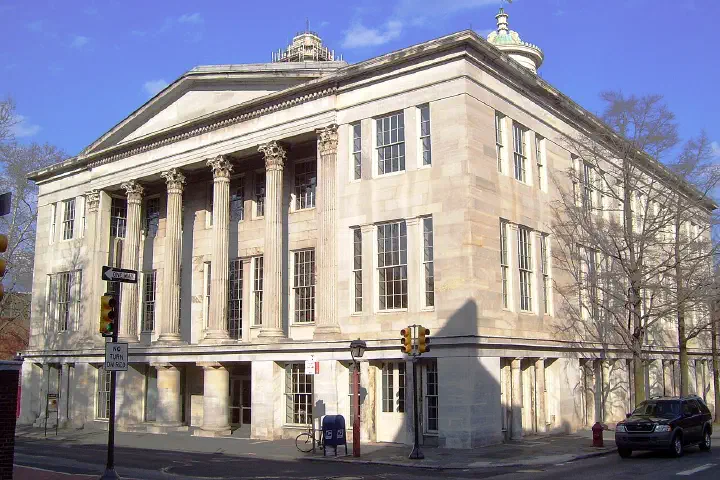 The Merchants' Exchange Building at the intersection of Walnut and S. Third Streets in the Old City neighborhood of Philadelphia.