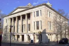 The Merchants' Exchange Building at the intersection of Walnut and S. Third Streets in the Old City neighborhood of Philadelphia.